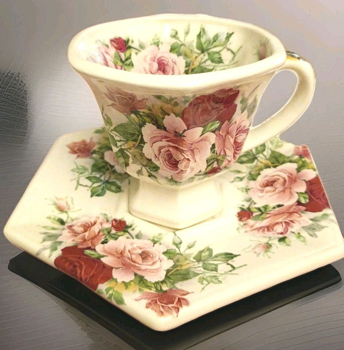 VTG Pink Red Rose Cup & Saucer Victorian Cottage French Country Signed SB