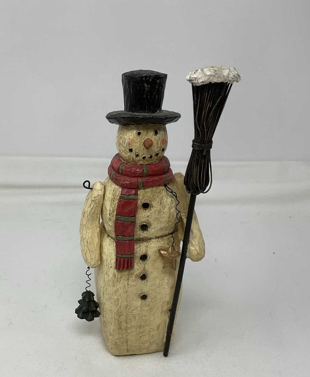 Patriotic Folk Art Style Snowman w/Christmas Tree & Broom 10″ H