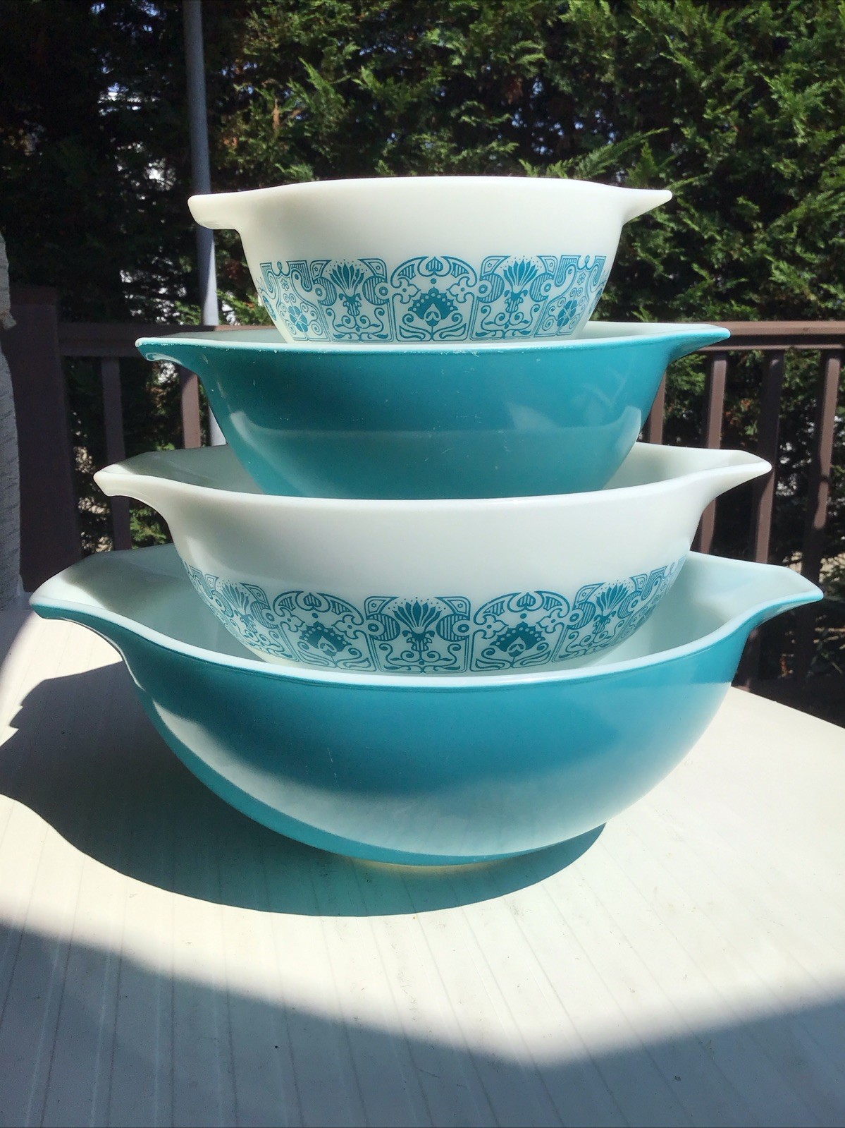 VINTAGE Pyrex Blue Horizon Cinderella Mixing Bowl Set SPACE AGE APOLLO 11 Stands