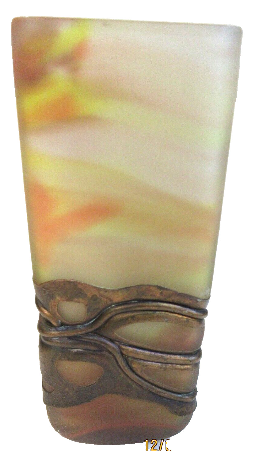 MCM~FILIP RAVERT~SIGNED~ COPPER OVERLAY & GLASS RECTANGULAR TALL VASE~8 3/8″