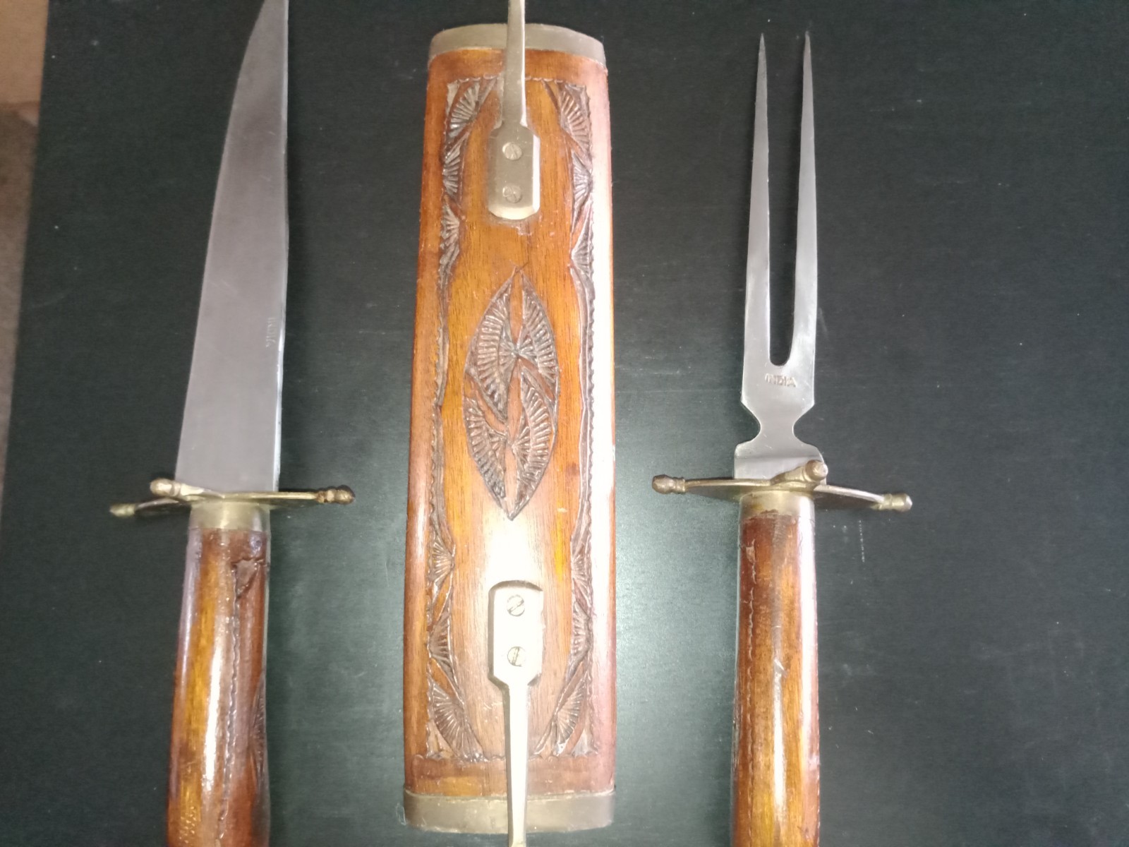 Vintage Hand Carved Wood Brass Meat Carving Set Knife/Fork Decorative Display