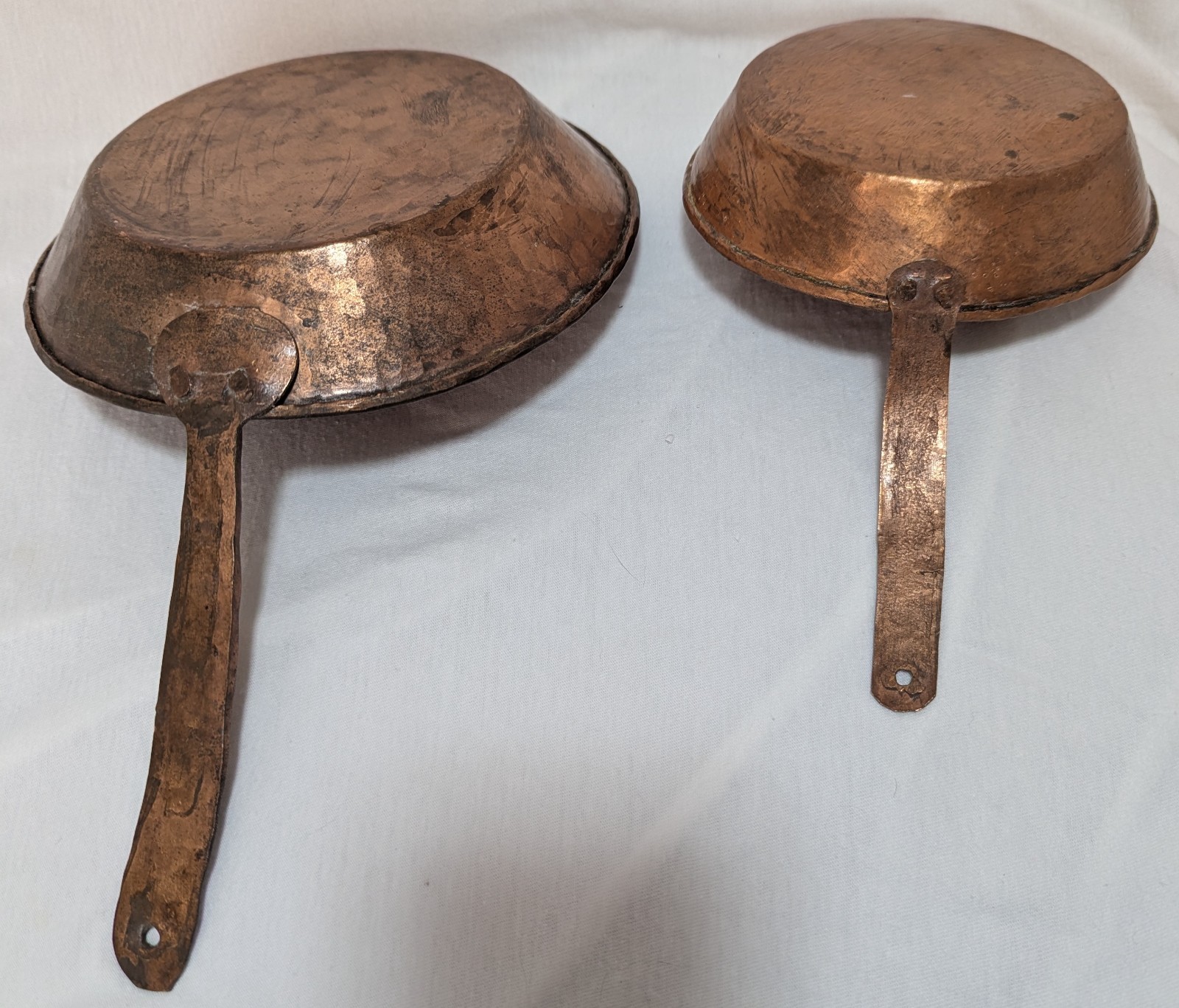 Two Primitive Hand Forged Hammered Solid Copper Fry Pans Riveted Handles