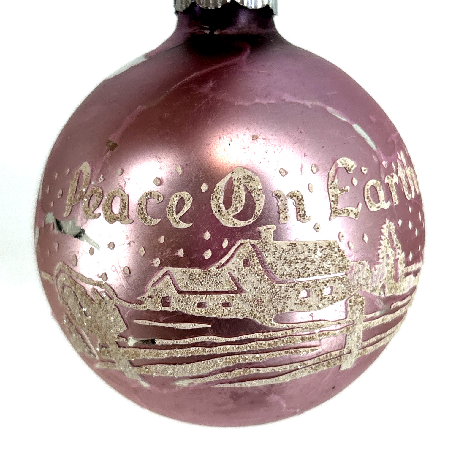 Vintage Shiny Brite Peace On Earth Farm Stencil Lilac Glass Christmas Ornament