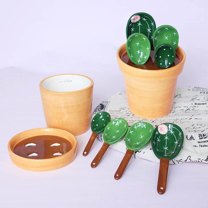 GICEY Cactus Measuring Spoons Set in Pot Ceramic Cute Small Small, Green
