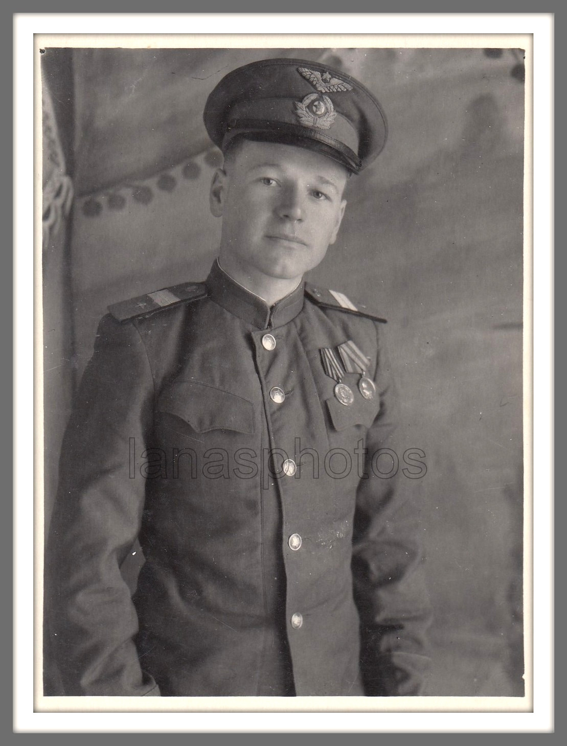 1949 Pilot Uniform Awards Handsome young man guy Soviet Air force antique photo