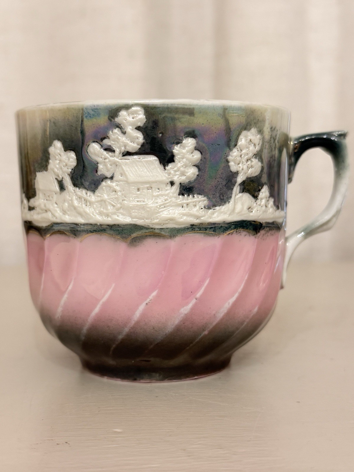 Antique German Lusterware Mustache Cup Altenburg Saxony Pink Iridescent Cottage