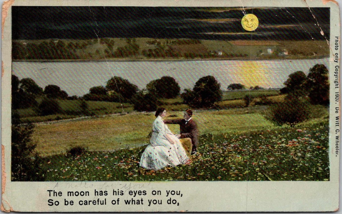 Couple Sitting Field River Moon Postcard