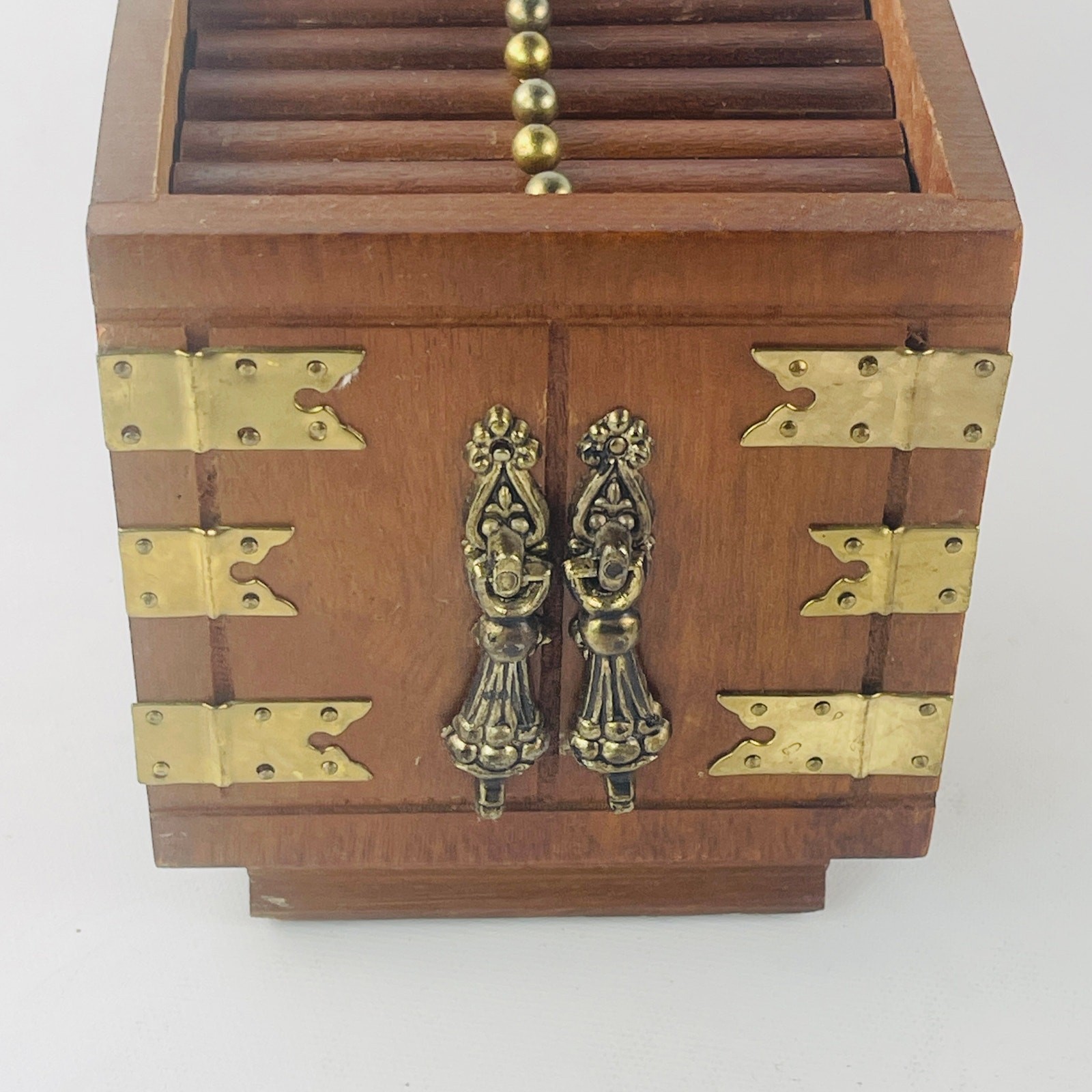 Vintage Wood And Cork Coaster Box Set of 6 MCM 5 1/2 x 3 3/4 x 4 3/8”