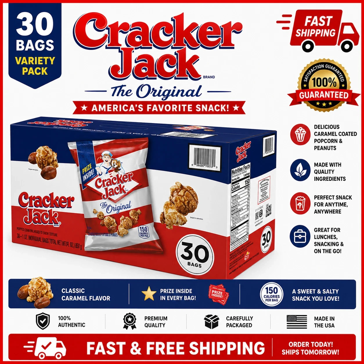 Cracker Jack Original Caramel Popcorn & Peanuts 1.25 oz 30 Pack