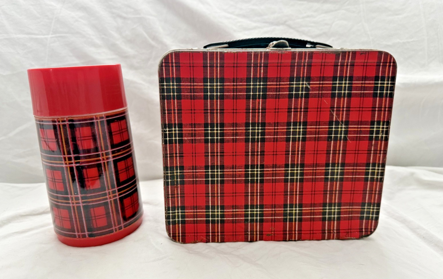 Original 1960s Aladdin Red Plaid Metal Lunchbox With Thermos