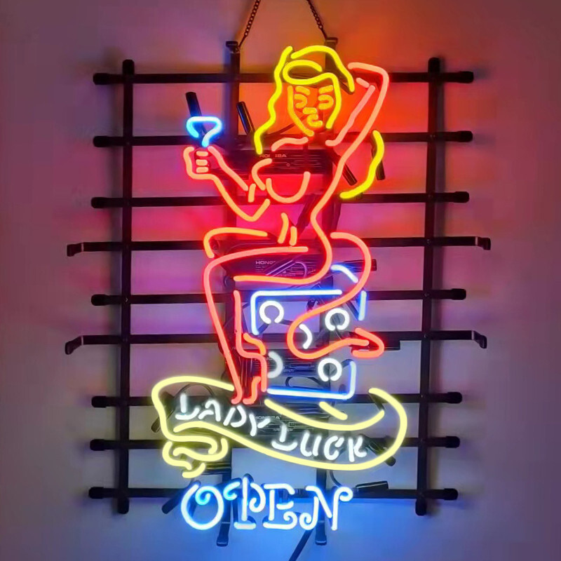 US Stock Lady Luck Casino Open Neon Sign Light Lamp Room Bar Wall Decor 24×20