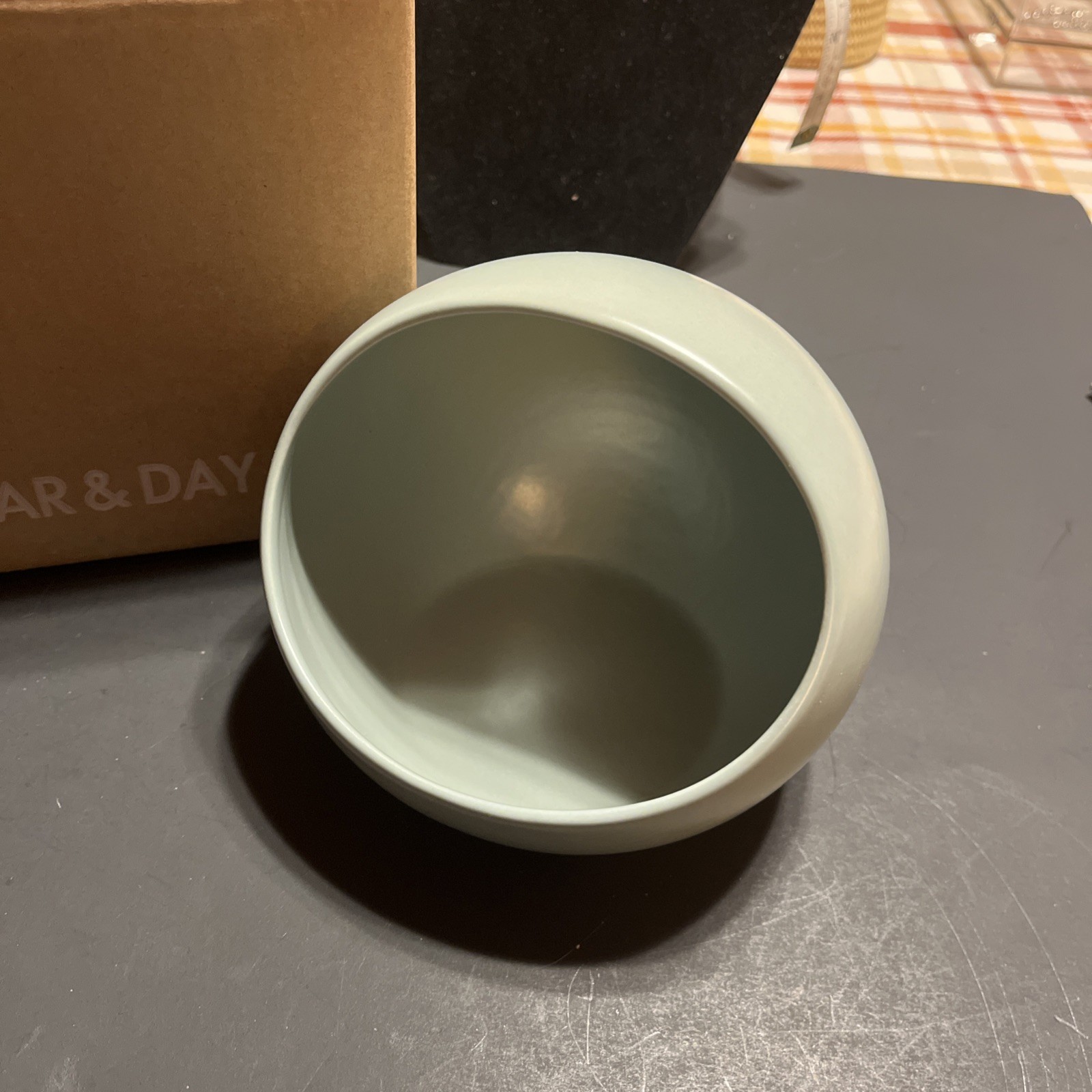 YEAR & DAY MODERN OPEN SALT CELLAR SAGE GREEN STONEWARE 5″ PORTUGAL