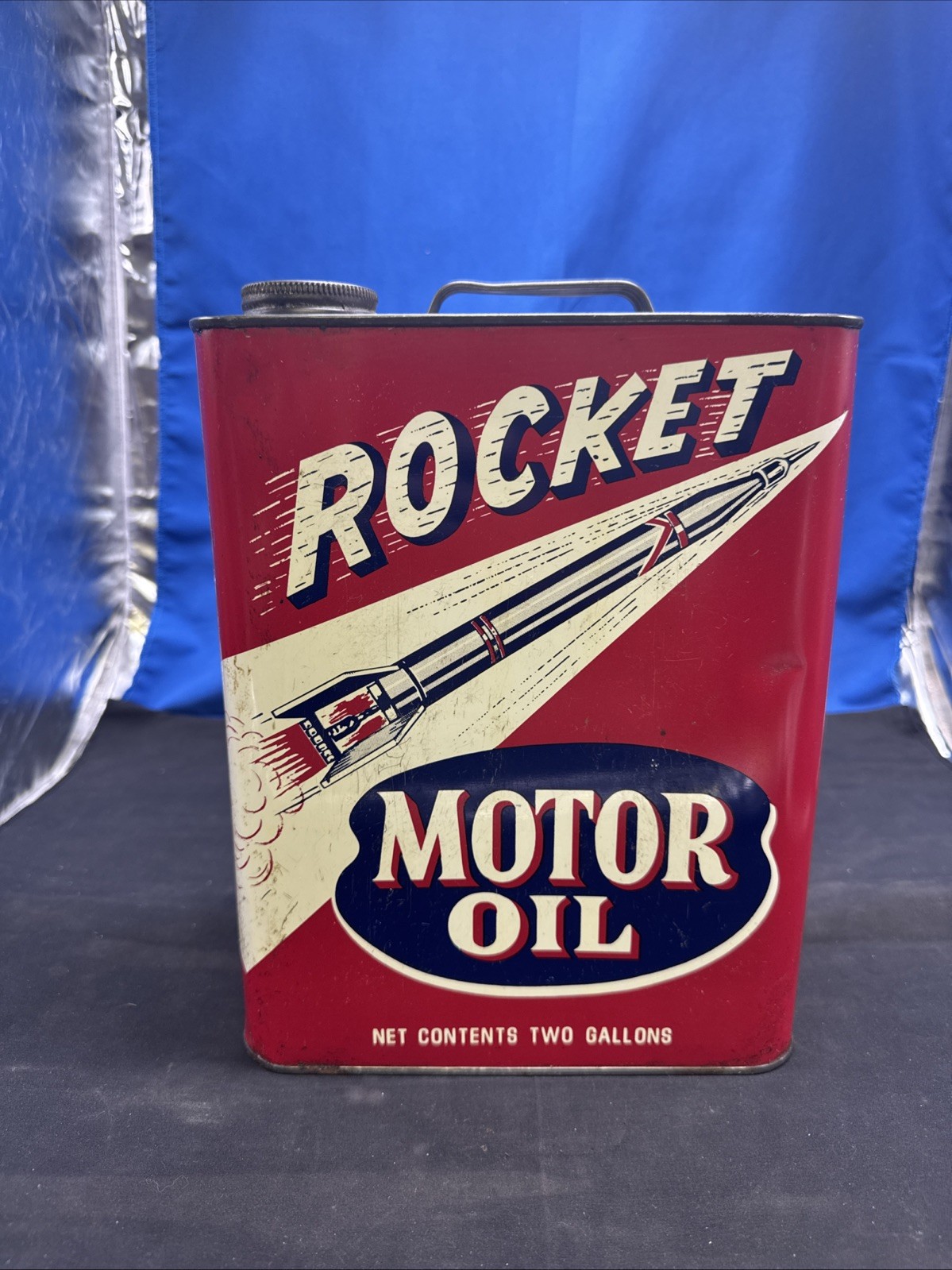 Rocket Motor Oil Vintage Metal Can 2 Gallon Oil Can Gas And Oil Advertising Rare