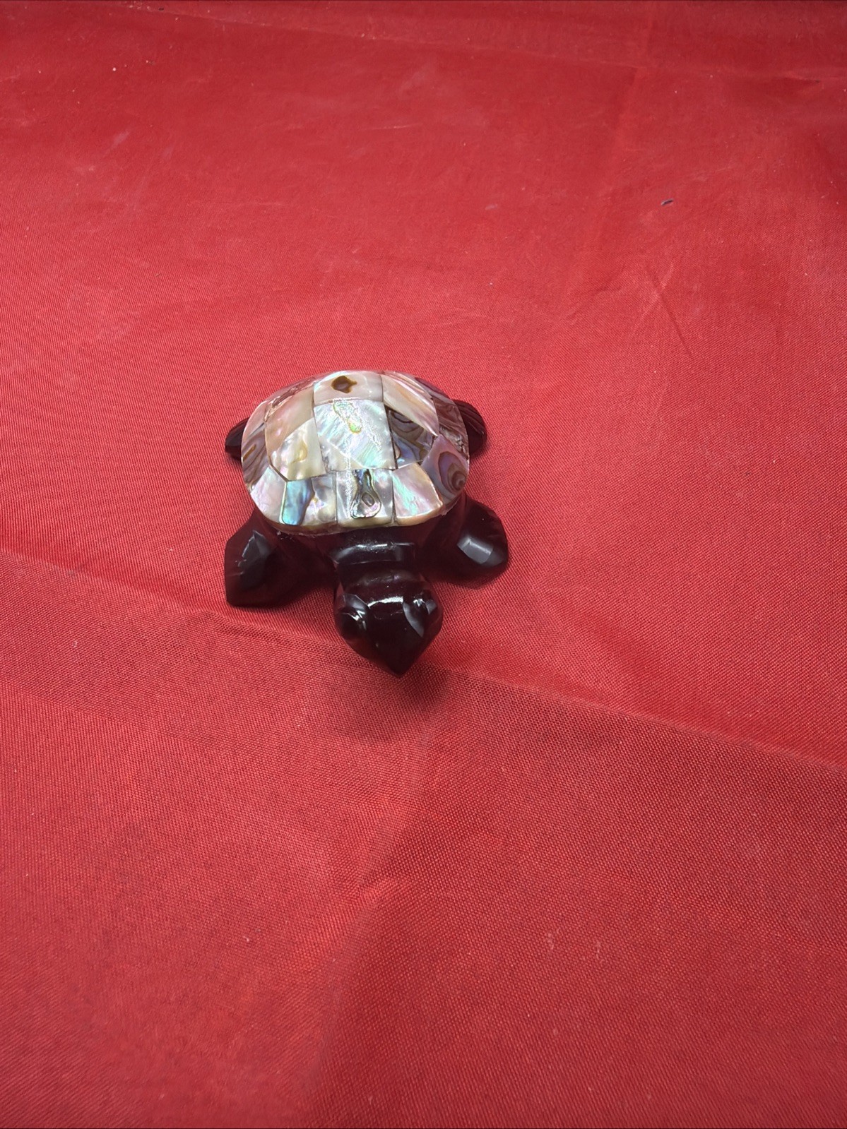 Black Obsidian Hand Carved Turtle with Abalone Shell Figurine