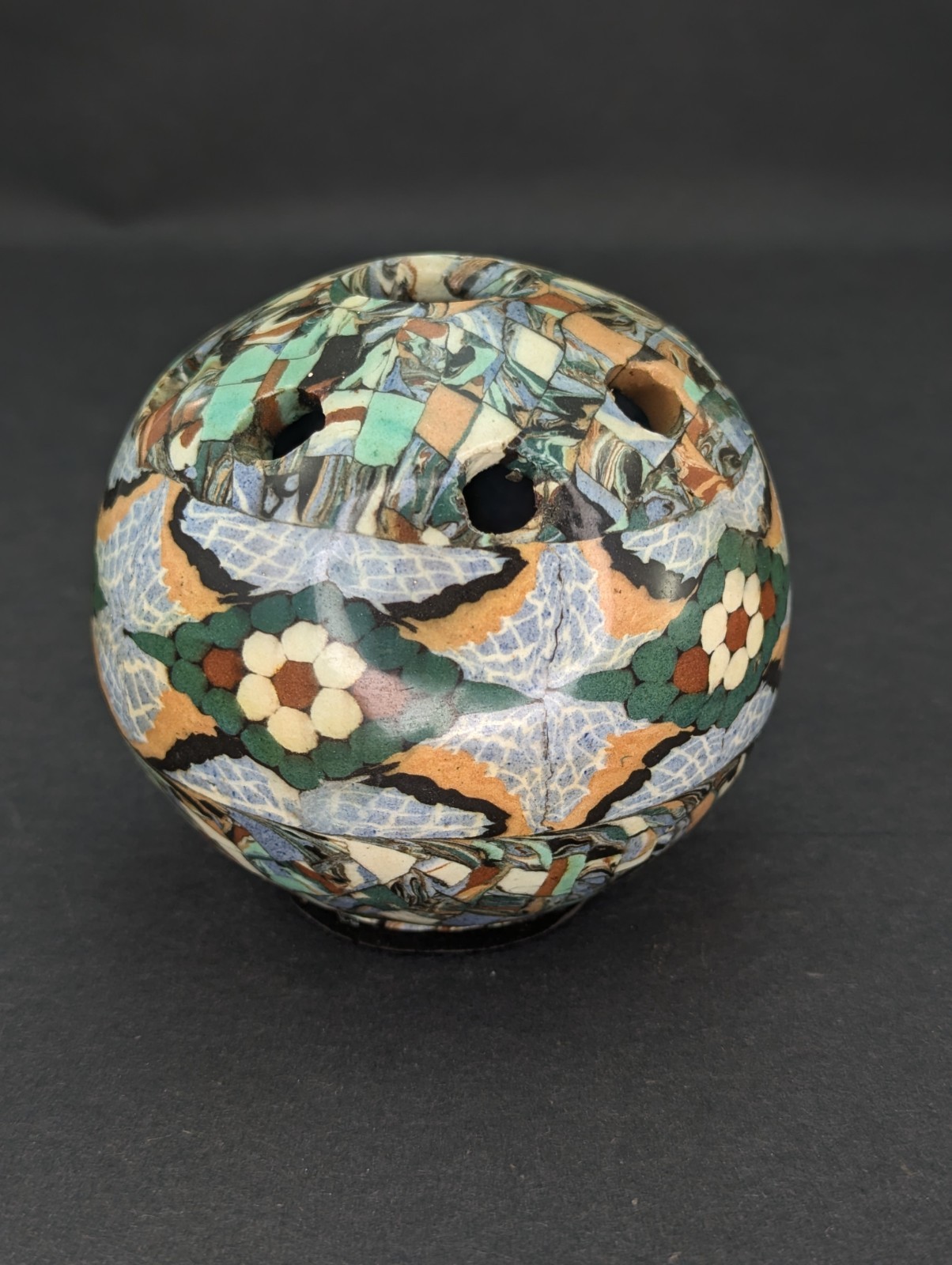 Mosaic Art Pottery Pique Fleur Round Flower Frog Ball Vase Gerbino Vallauris Vtg