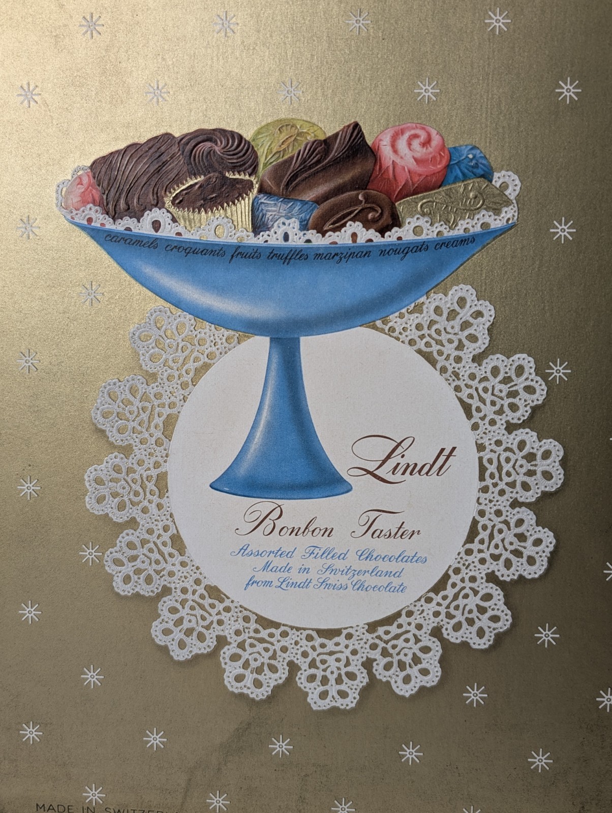 Vtg Lindt Assorted Chocolates Candy Box Empty Bonbon Taster Swiss Paper Liner