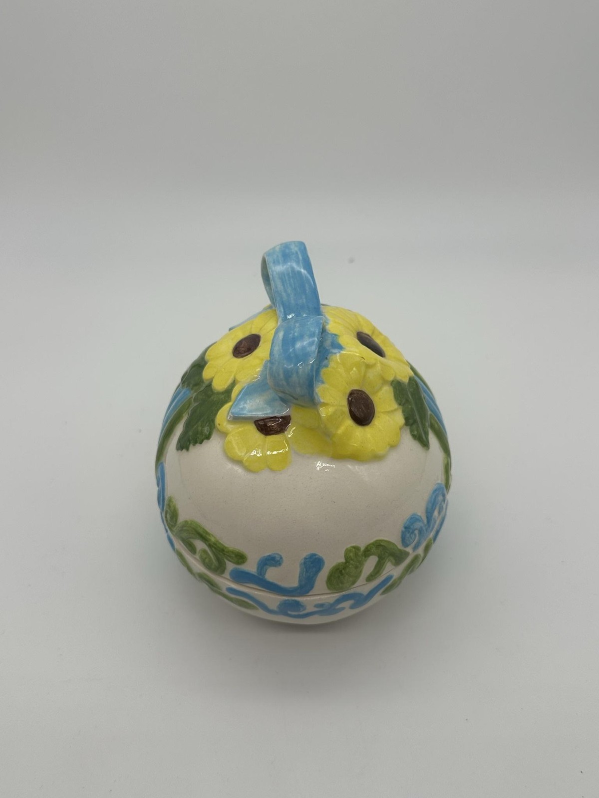 Hand Painted White Ceramic Egg Trinket Box Small Floral Bow Easter Decor Art 6×5