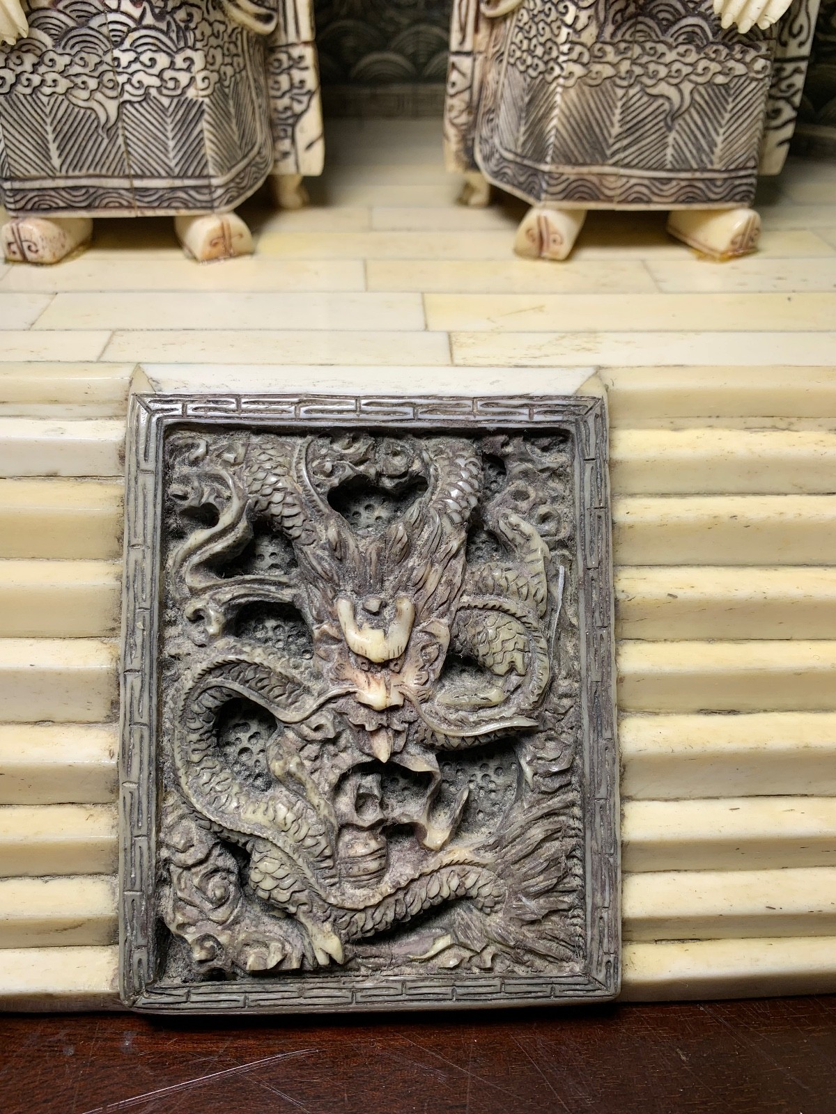 GORGEOUS BOVINE BONE TILE CHINESE EMPEROR AND EMPRESS ON INTRICATE THRONES!