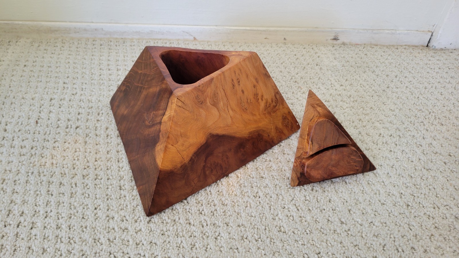 Unique Vintage Burled Triangle Solid Wood keepsake box 7x7x7″