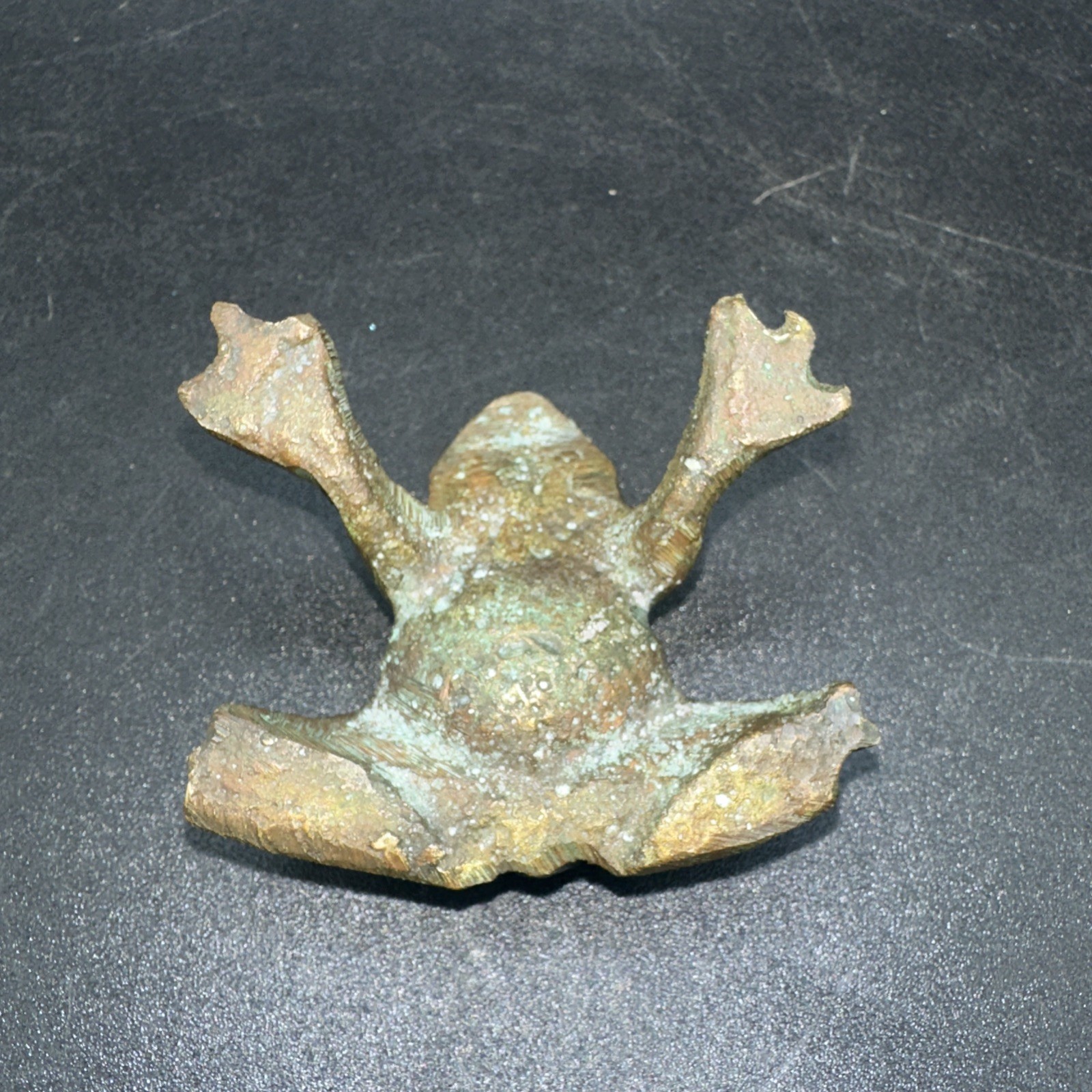 Vtg Small Bronze Frog Figurine With Green Patina Sculpture Decoration 2”