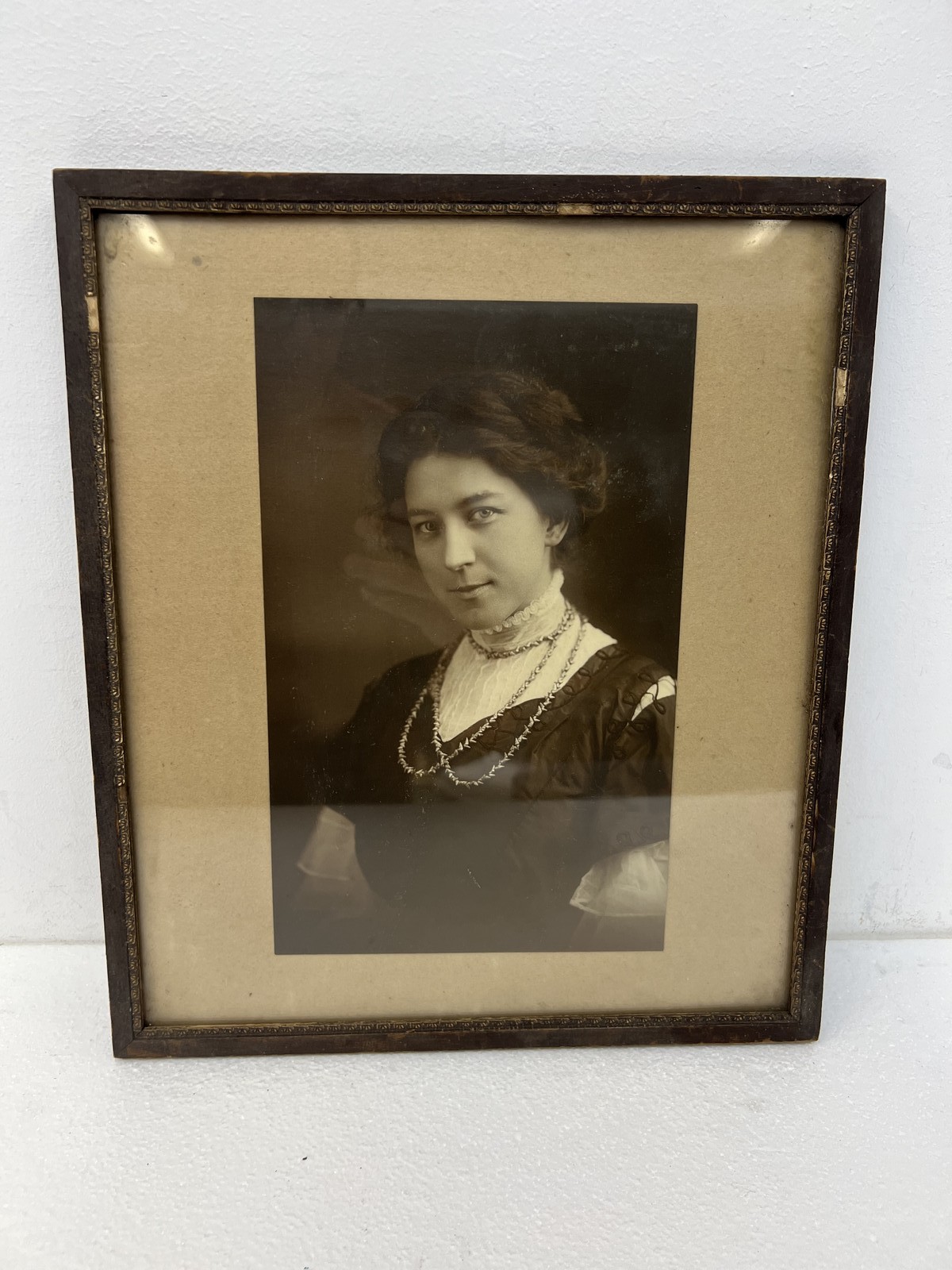 Antique Edwardian Picture Frame 12×14 Portrait Wood & Glass Victorian Lady Sepia