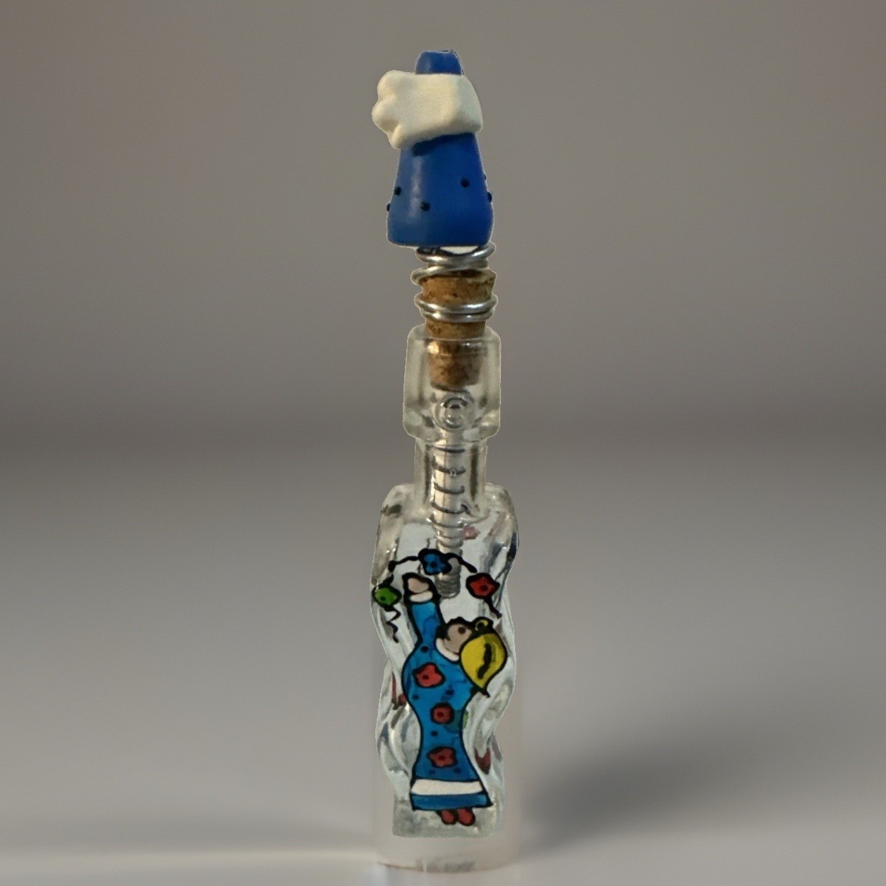Vintage Kluk Kluk Hand Painted Art Glass Perfume Bottle Whimsical Stopper