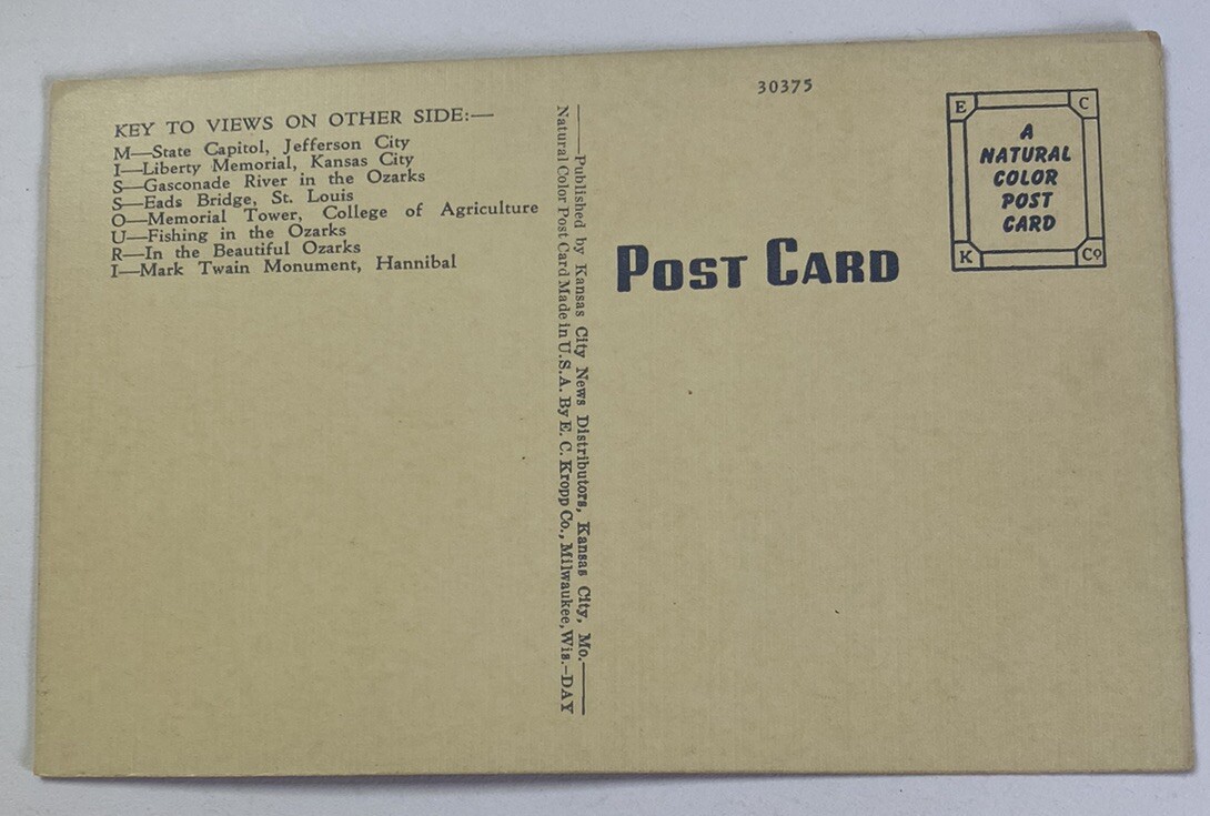 Vintage Linen Postcard ~ Large Letter Greetings From Missouri MO by EC Kropp Co