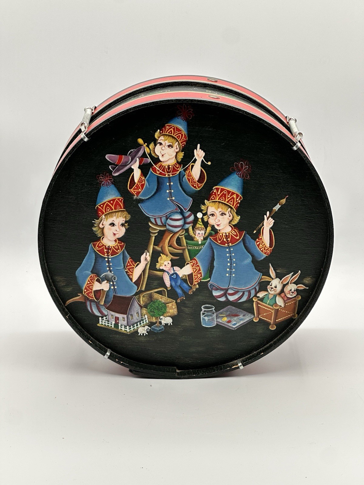 Santa’s Elves Folk Art Christmas Drum Decoration Dual Sided With Holly Trim