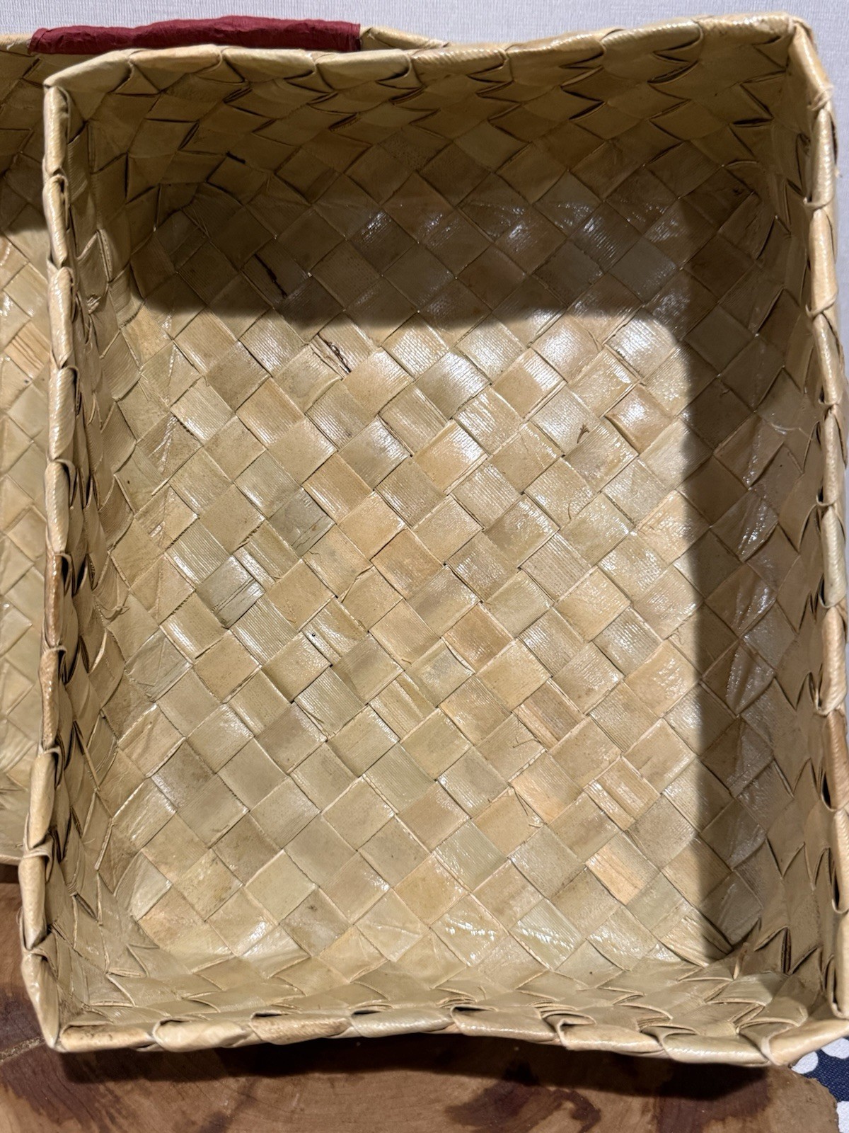 Vintage Lauhala Woven Box with Lid Boho Raffia Wood Bead Details Hawaiian Style