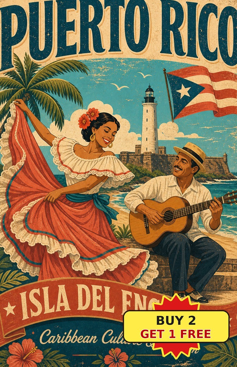 Puerto Rico Heritage Map Culture Flag Souvenir Vintage Metal Tin Sign Art Decor