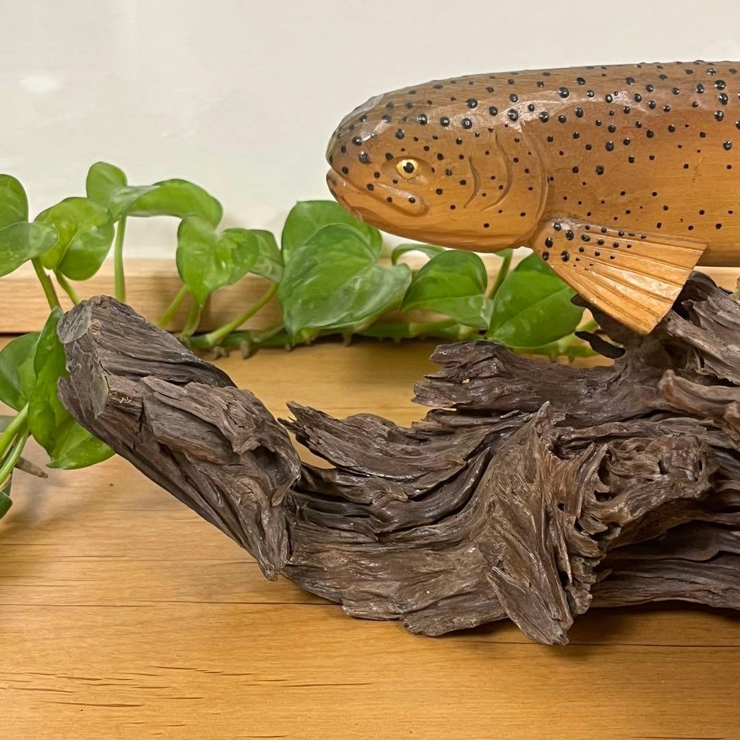 Hokkaido Ito Taimen Wood Carved Fish Sculpture Driftwood Base Japan 26cm