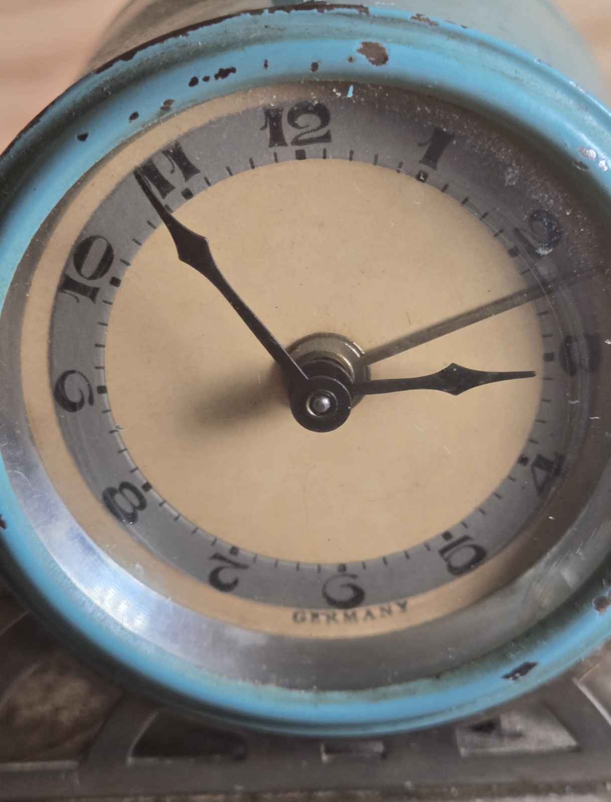 Vintage Mauthe Germany Wind Up Alarm Clock Blue Metal Art Deco Style Parts