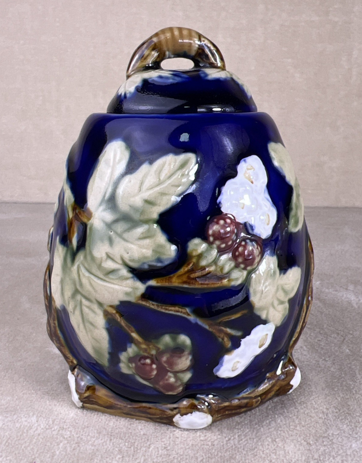 Vtg Nouveau Majolica Jelly Jar Blue Berry Vine Wan Jiang Handpainted Jam Honey