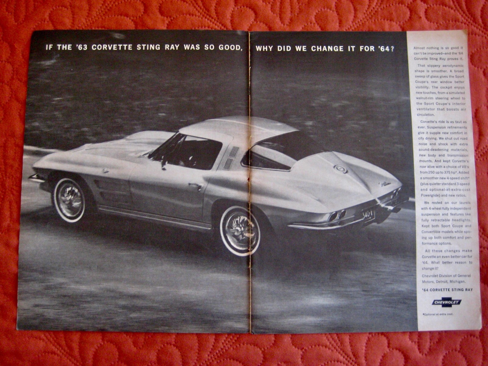 1964 CHEVROLET CORVETTE STING RAY COUPE – ORIGINAL PRINT CAR AD – GOOD CONDITION