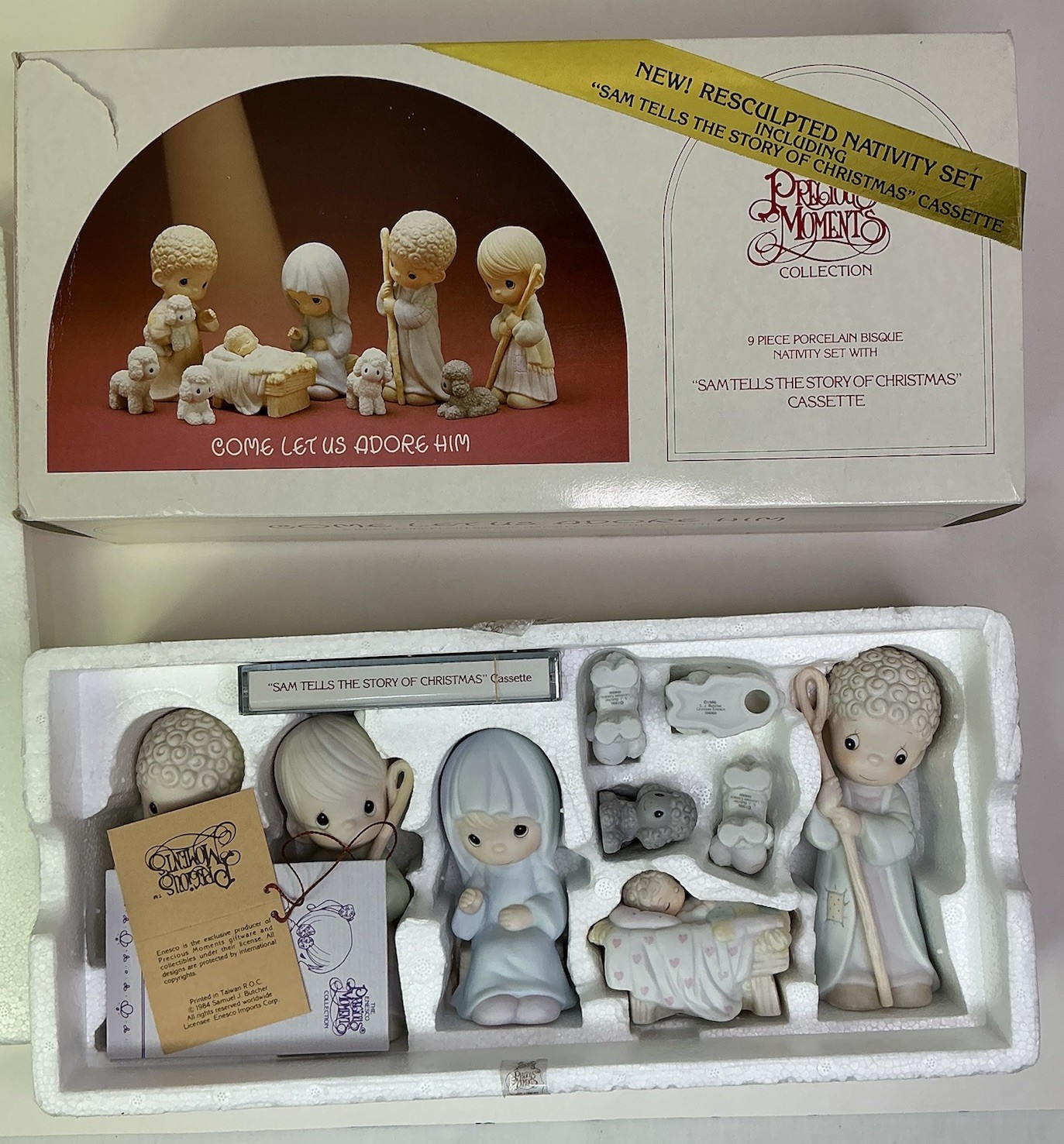 Precious Moments 9 Pc Nativity Set” Come Let Us Adore Him” w/Sealed Cassette 86’