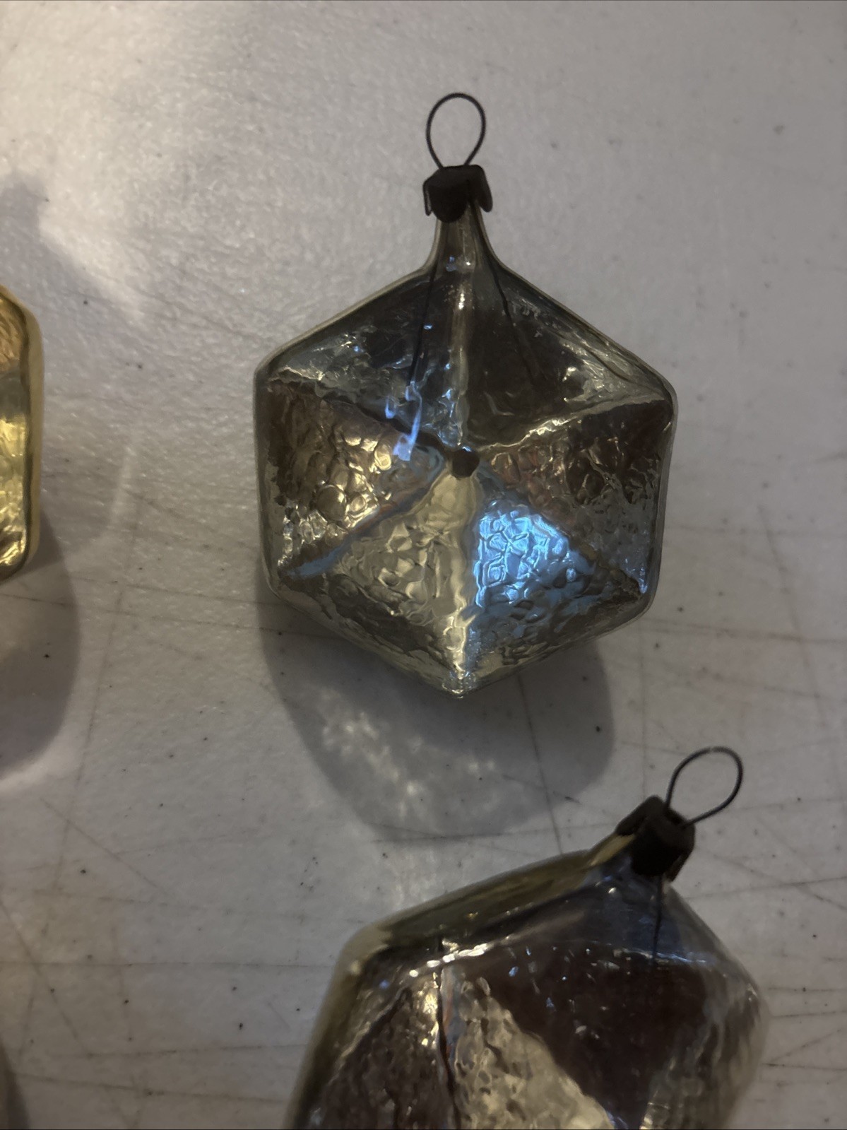Set of 6 Vtg Ice Glass Geometric Hexagon Russian Christmas Ornaments ~3” Approx