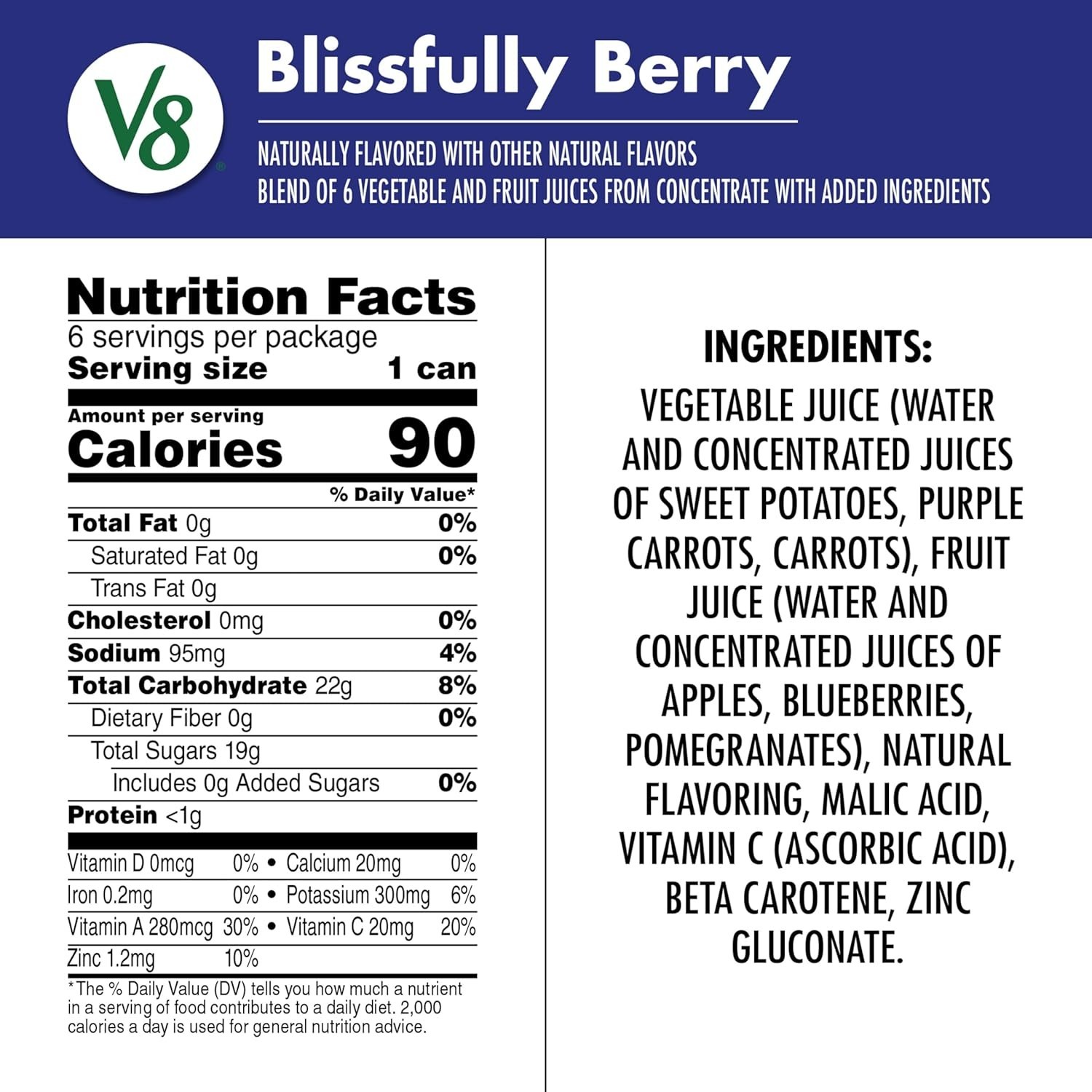 V8 Blissfully Berry 100% Fruit and Vegetable Juice, 8 fl oz Can (6 Pack)