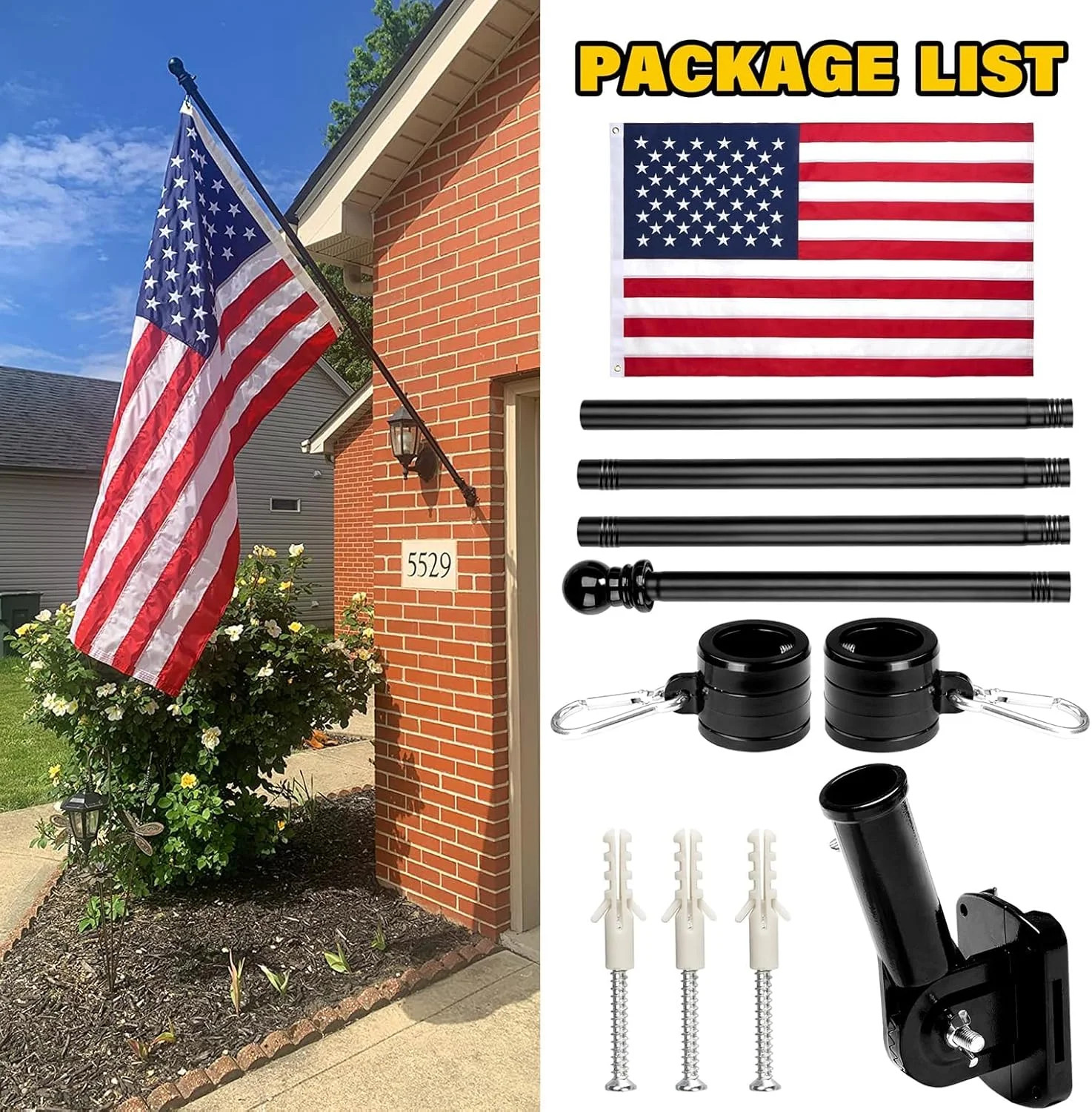 American Flag 3×5 FT with Pole Kit, 6FT Tangle Free Black Flagpole, Heavy Duty S