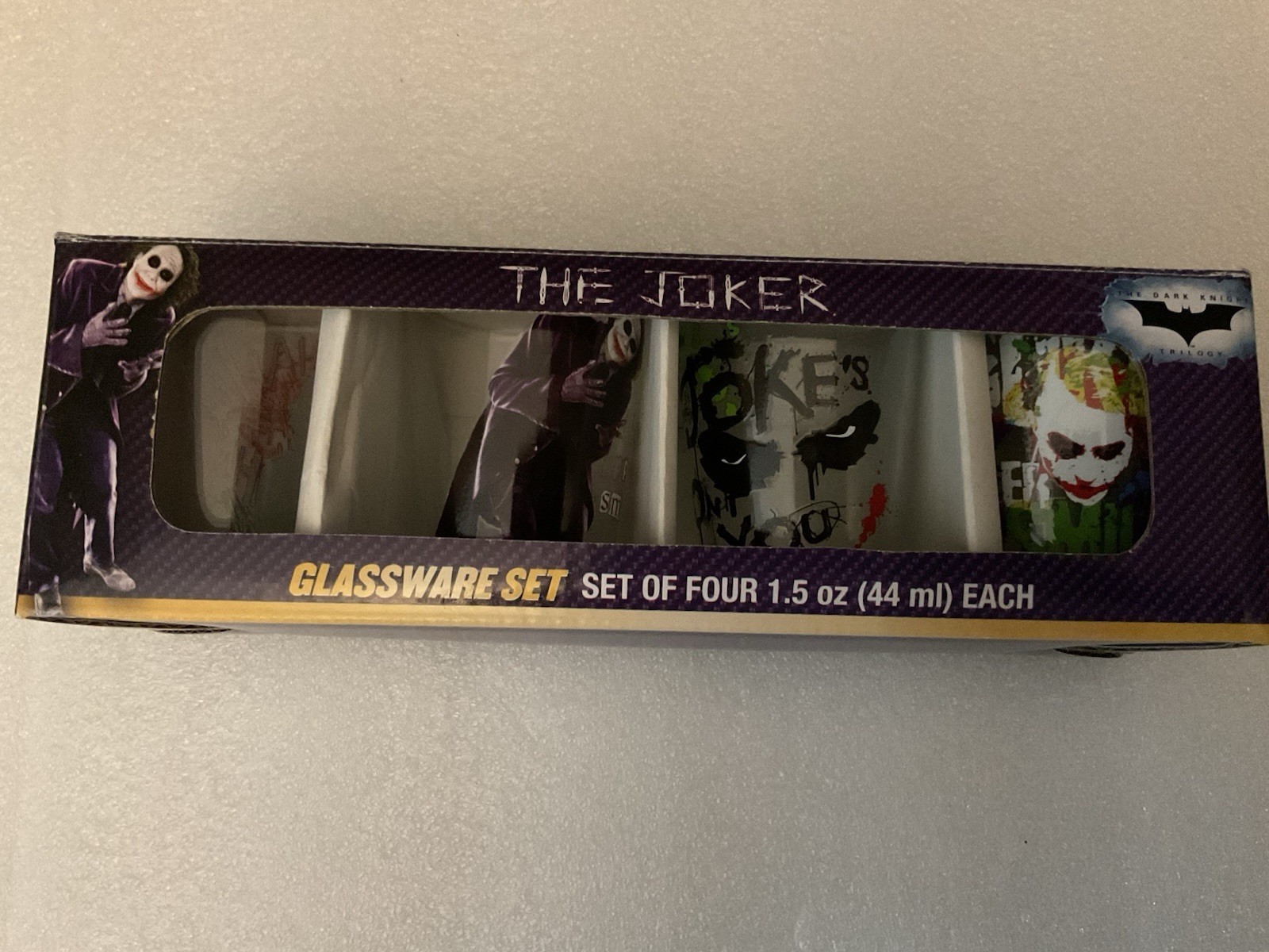 NIB-Joker Shot Glass Set Lot DC Batman Dark Knight 4 Glasses, 1.5oz Each