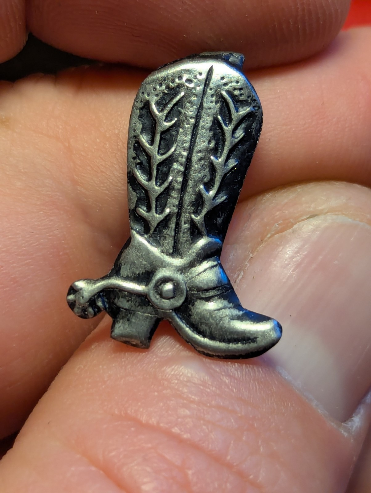 Cowboy Boot Lapel Pin VINTAGE Thin Metal (Less Than 1″) Detailed w/ Spur Pinback