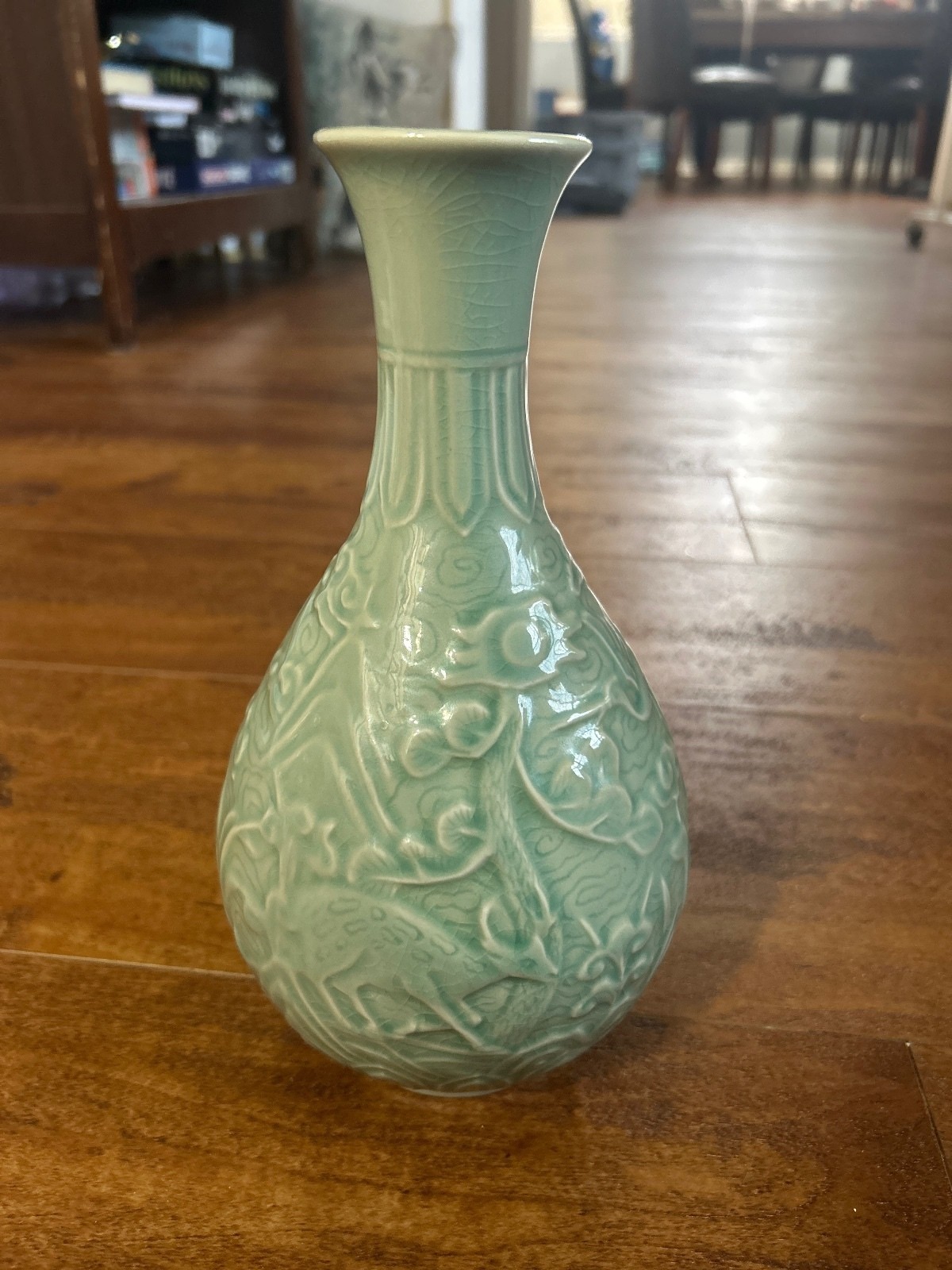 Celadon Green Ceramic Vase with Raised Animal and Floral Motifsp