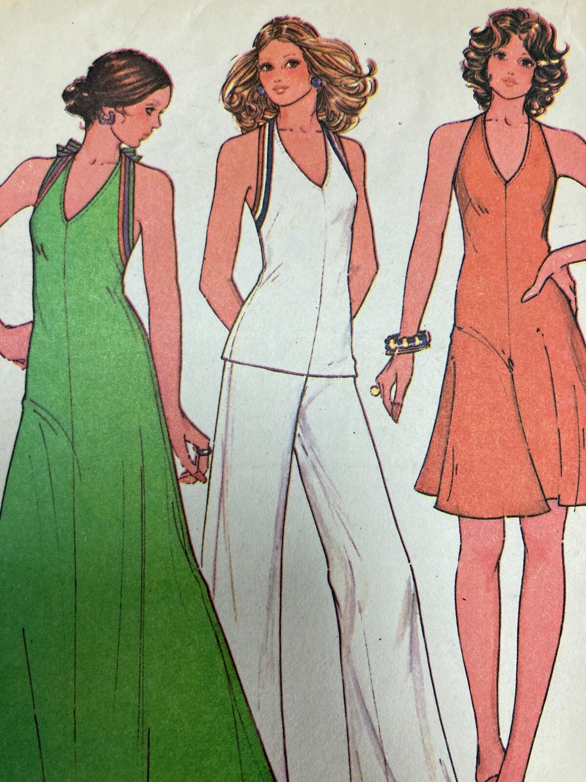 8 McCall’s Vintage 70s Back Zip Halter Maxi Dress Top Flared Pants sew pattern