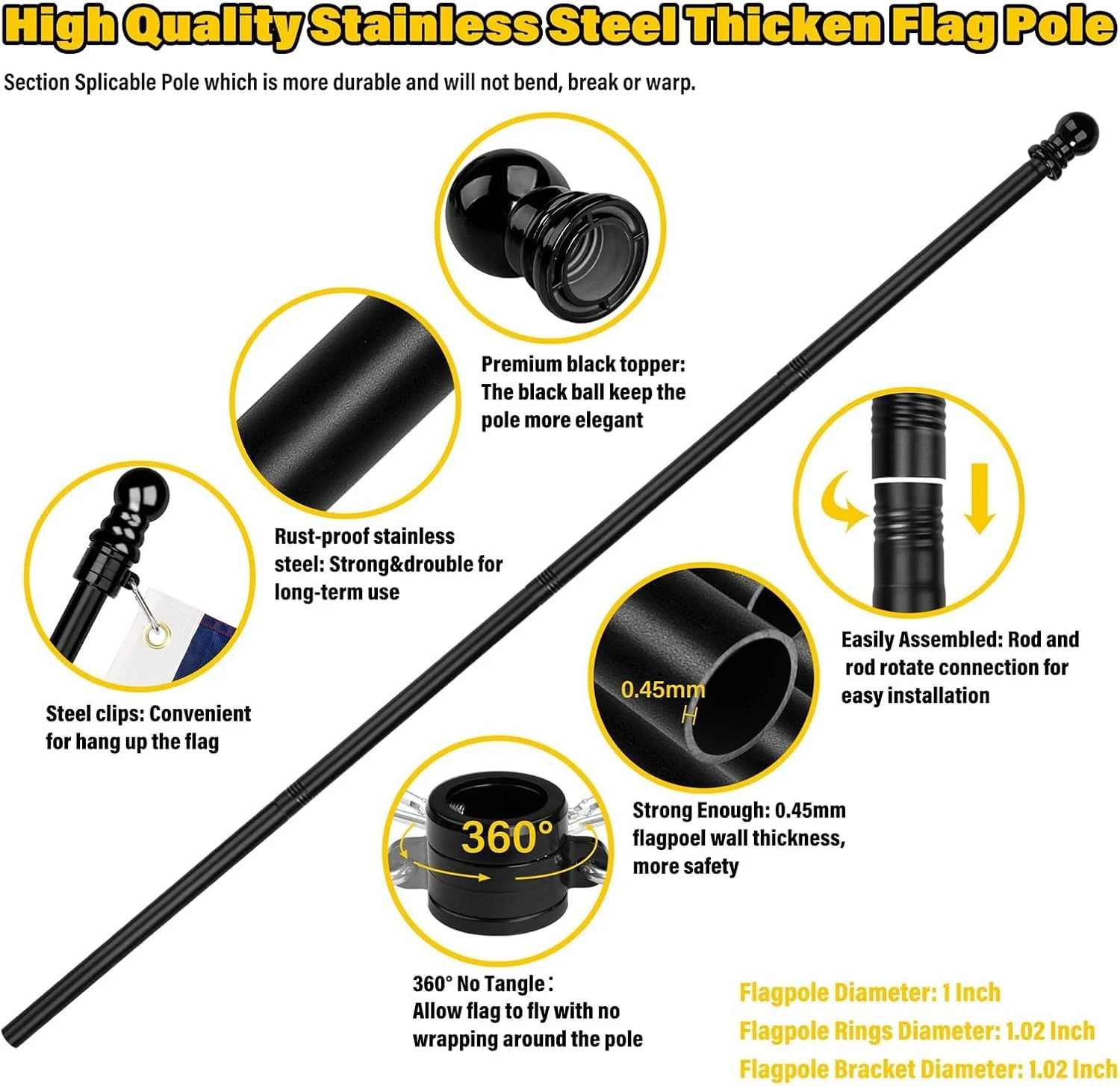 American Flag 3×5 FT with Pole Kit, 6FT Tangle Free Black Flagpole, Heavy Duty S