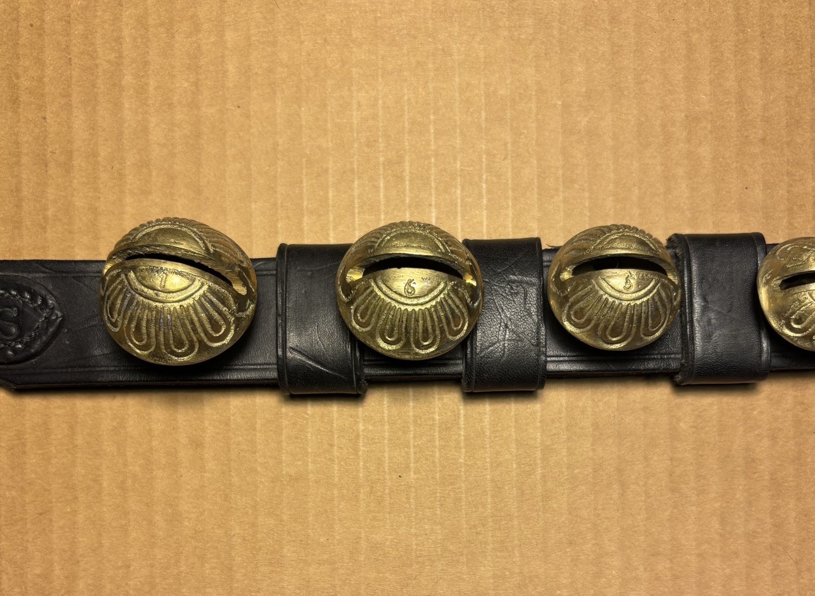 Vintage Amish Brass 7 Bell Graduated MBS Moses B Smucker Leather Numbered 22.5”