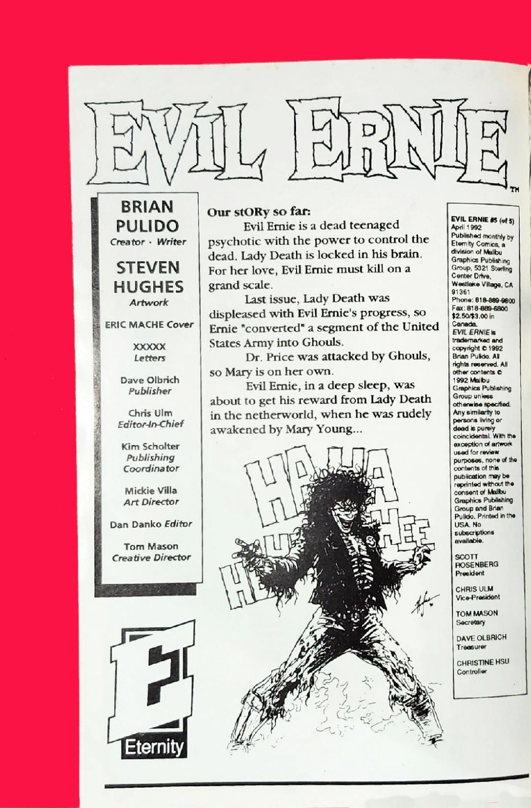 EVIL ERNIE #5 (1992, Eternity Comics) Brian Pulido • LADY DEATH • Bagged & Board