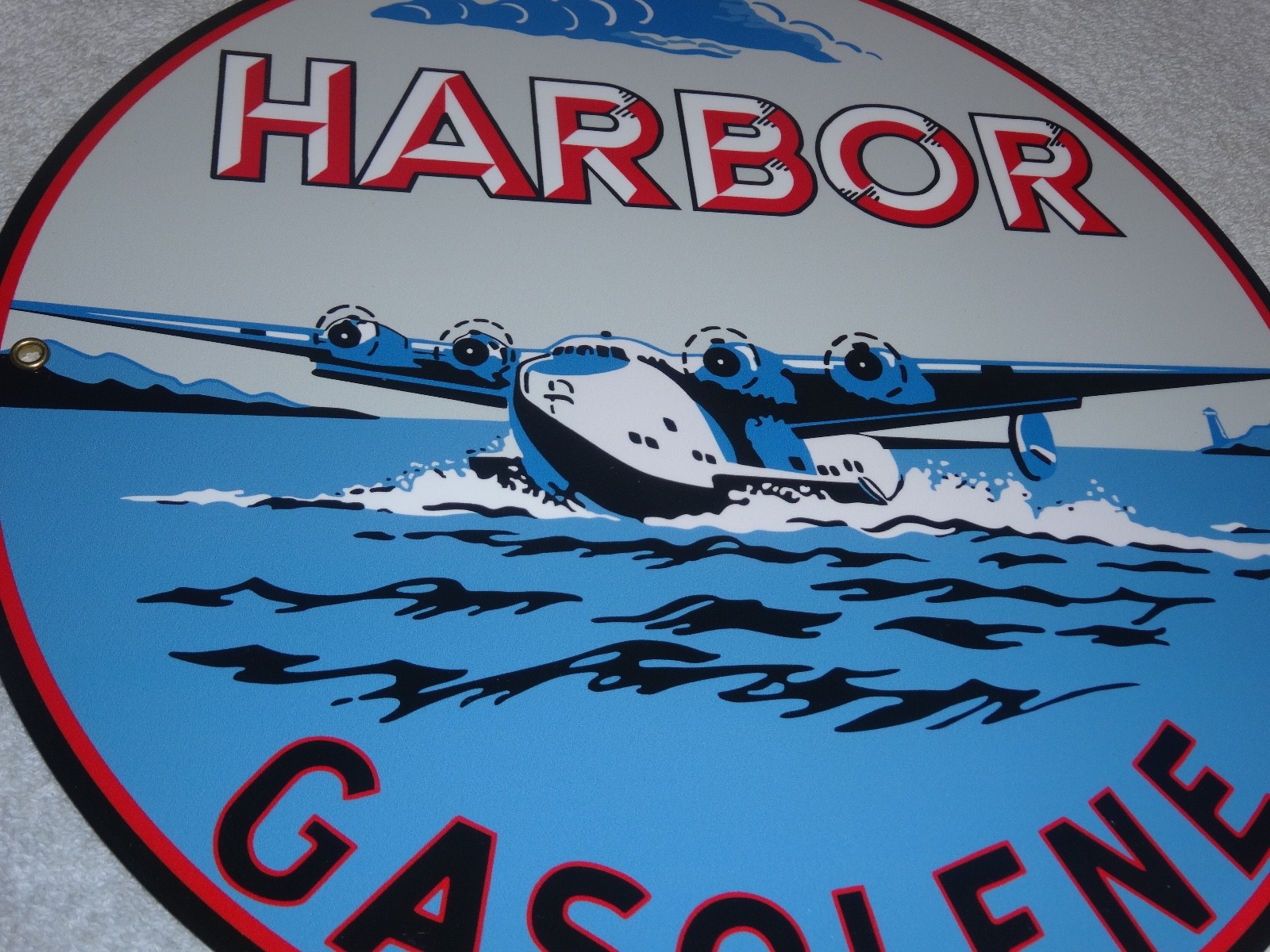 VINTAGE HARBOR GASOLINE AIRPLANE SEAPLANE 11 3/4″ PORCELAIN METAL GAS & OIL SIGN