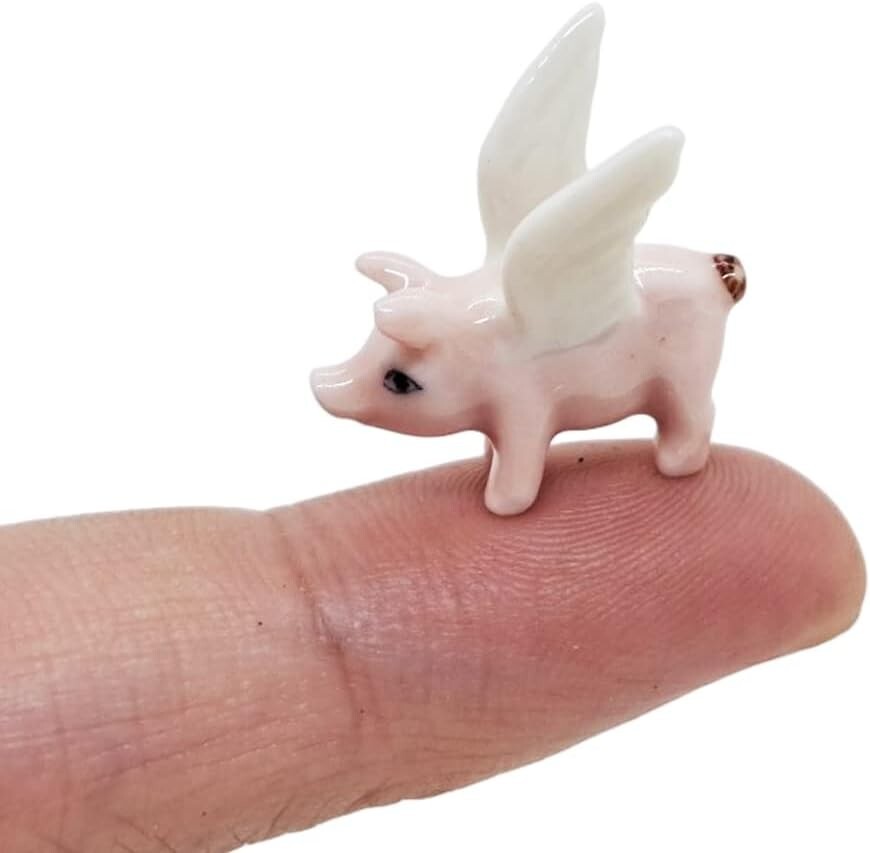 ¾”L Pink Pig with Wings Ceramic Piglet Miniature Dollhouse Figurine Animal Decor