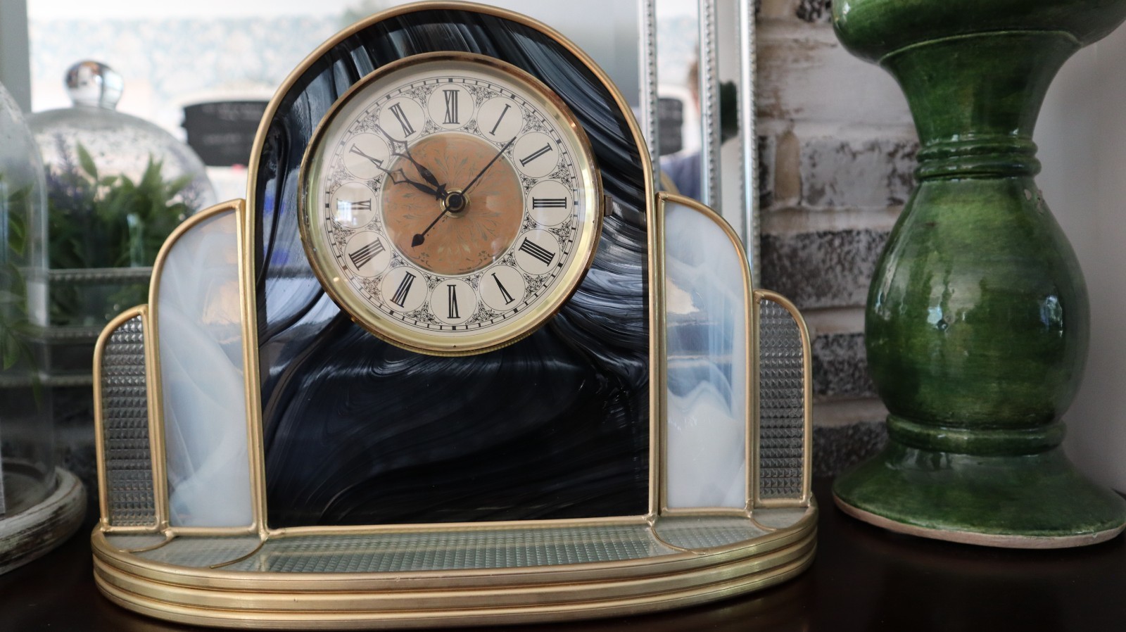 Stained Glass Mantle Desk Clock Art Deco Contemporary—Handmade
