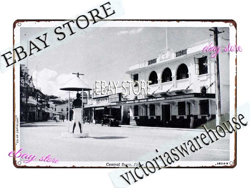 1943 Suva Fiji central town street scene Tin Sign wall decor art nostalgic