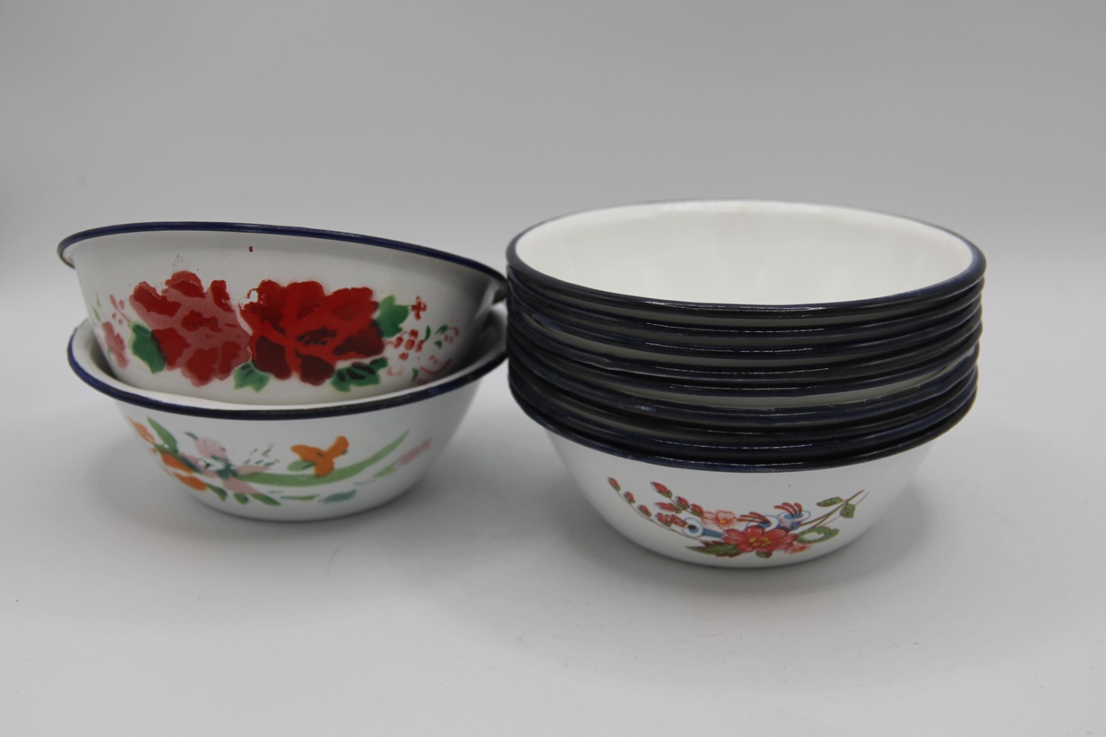 Enamelware Berry Dessert Bowls Blue Trim Red Pink Flowers Set Of 9